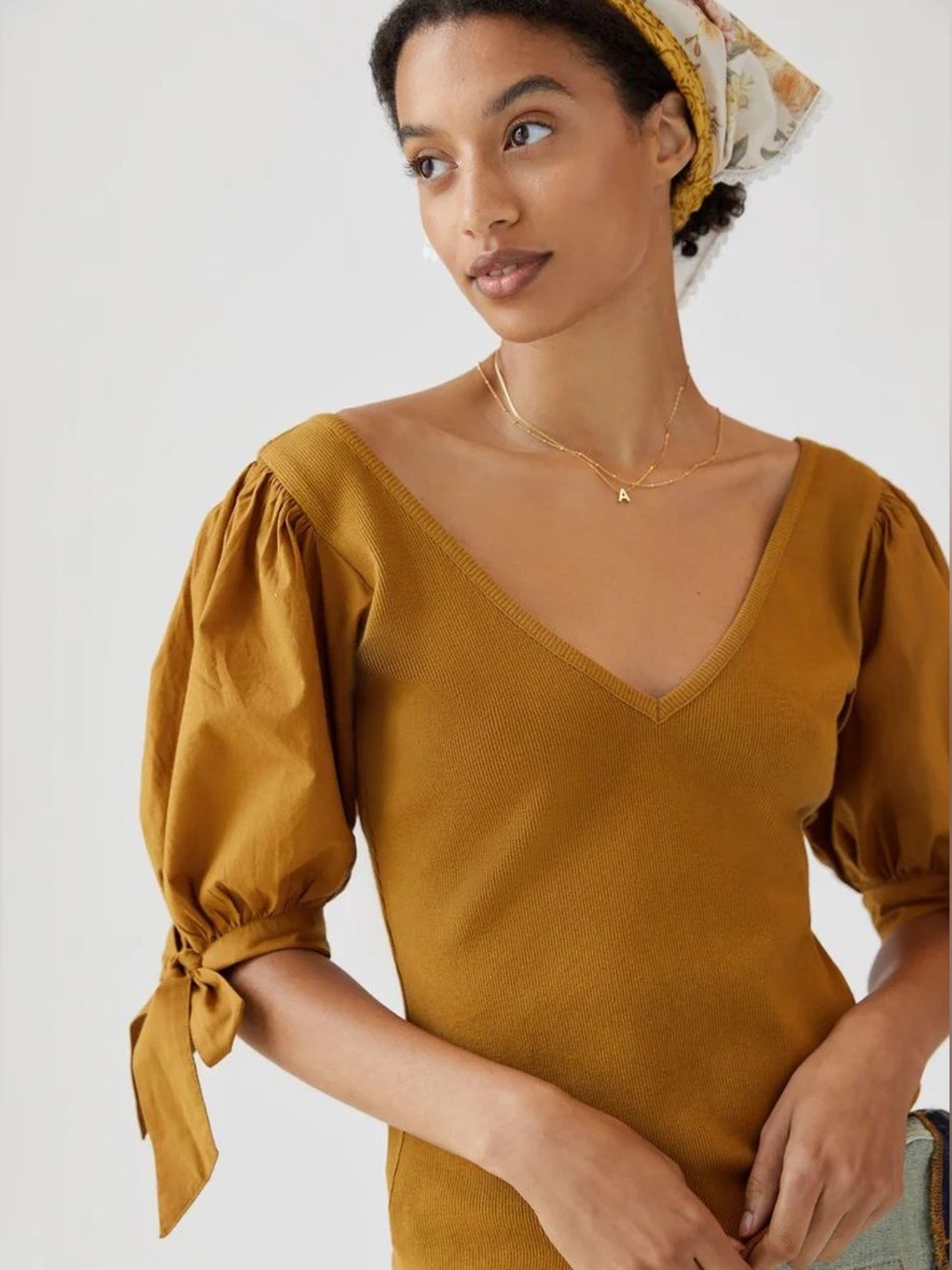 Anthropologie Maeve Gold Wanda Puff Sleeve Ribbed Top
